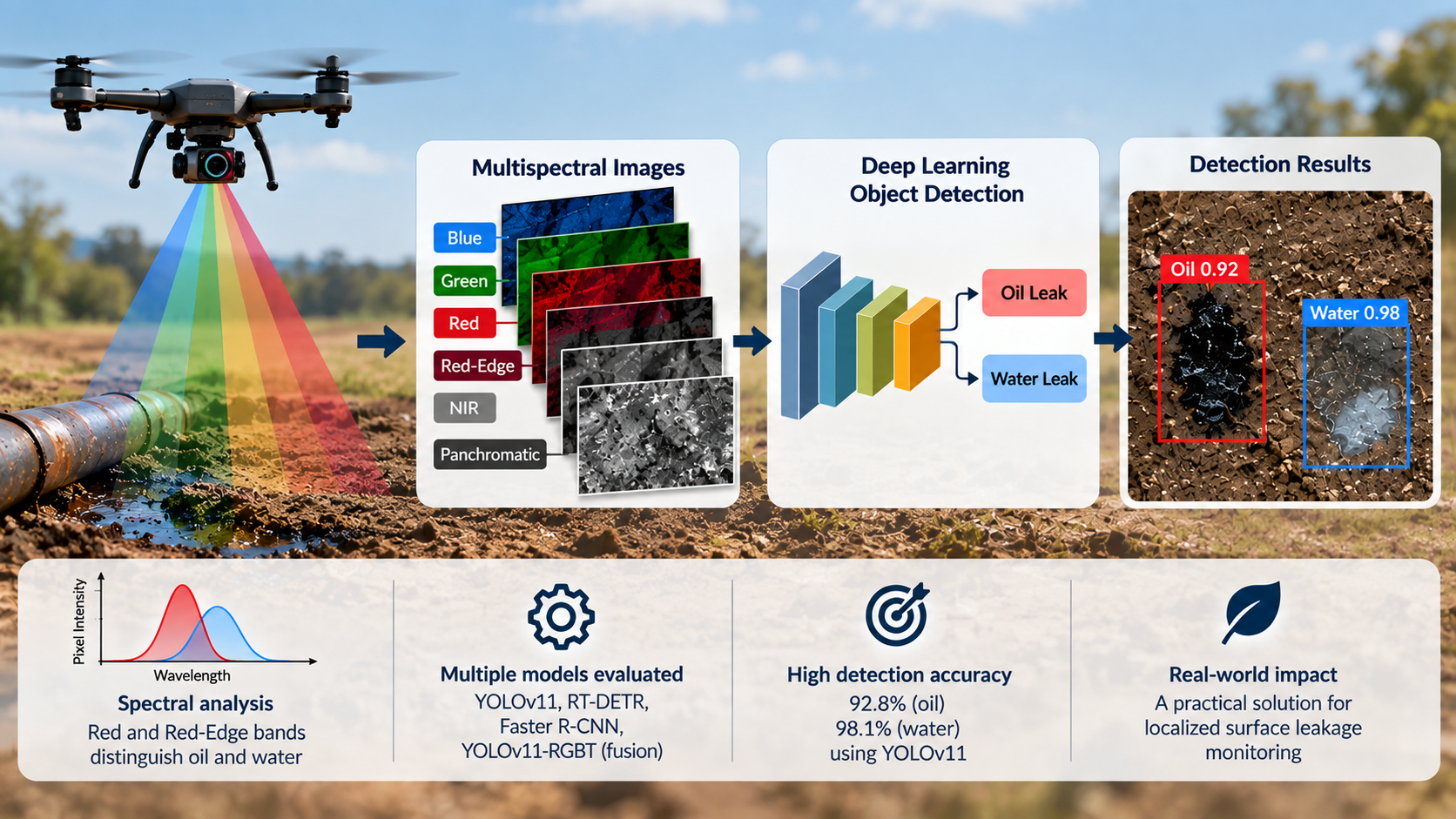 UAV multispectral oil and water leak detection